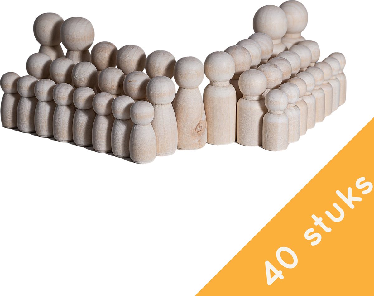 Homium Peg Dolls - Grote set 40 stuks - Blanco houten poppetjes - pionnen - kegelpoppetjes - houten mensen - poppenhuis - zelf verven | Inclusief opbergdoos